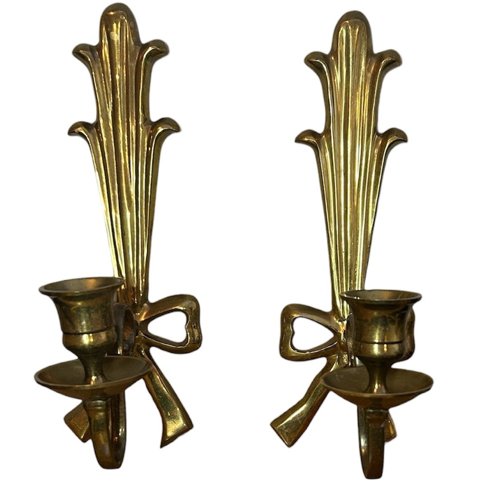 Vintage Ornate Brass Bow‎ Wall Sconce Candle holder Brass MCM Hollywood Regency